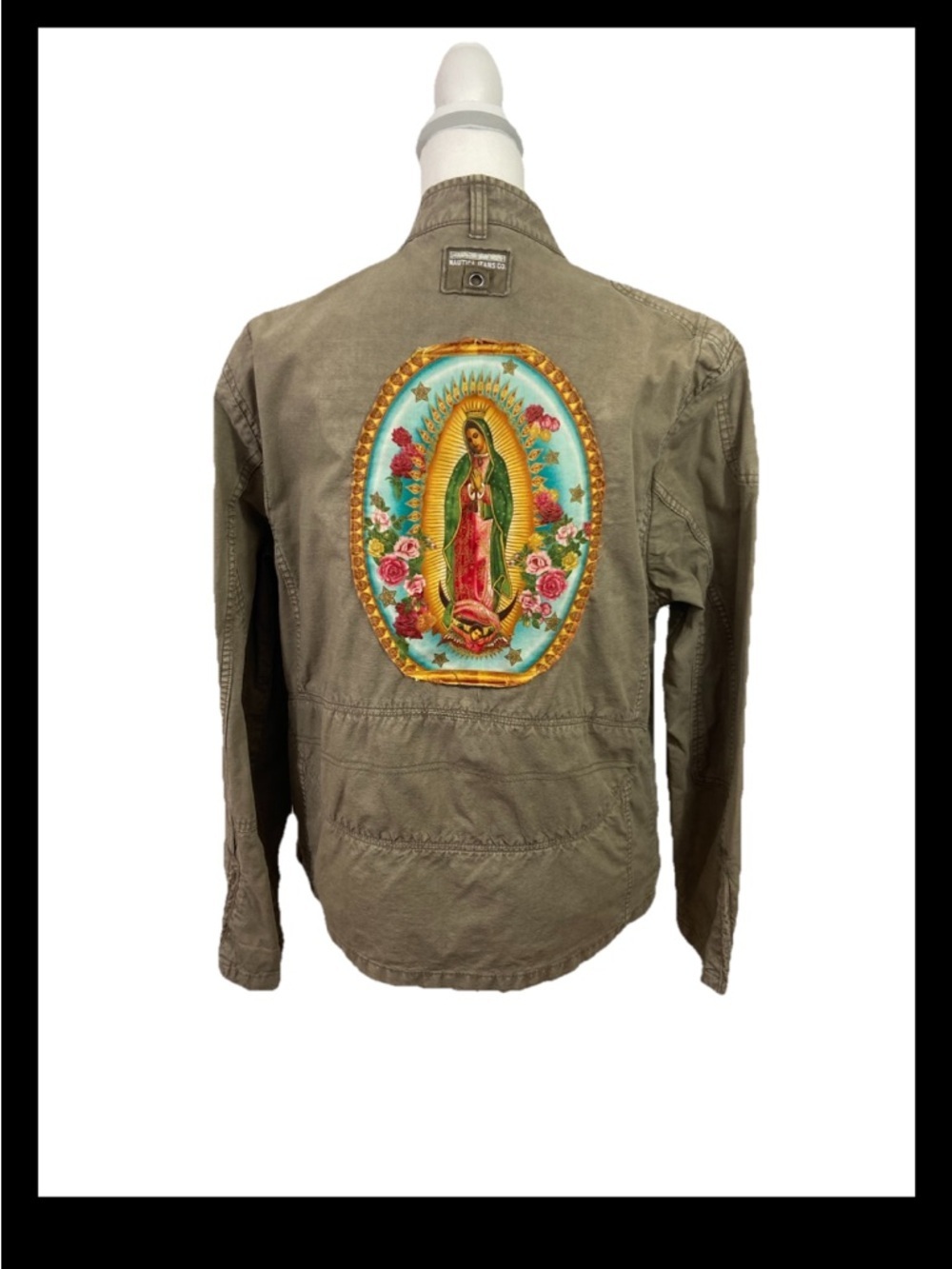 Our Lady of Guadalupe Virgin Mary Upcycled Jacket Womens Medium Green Bomber Y2K